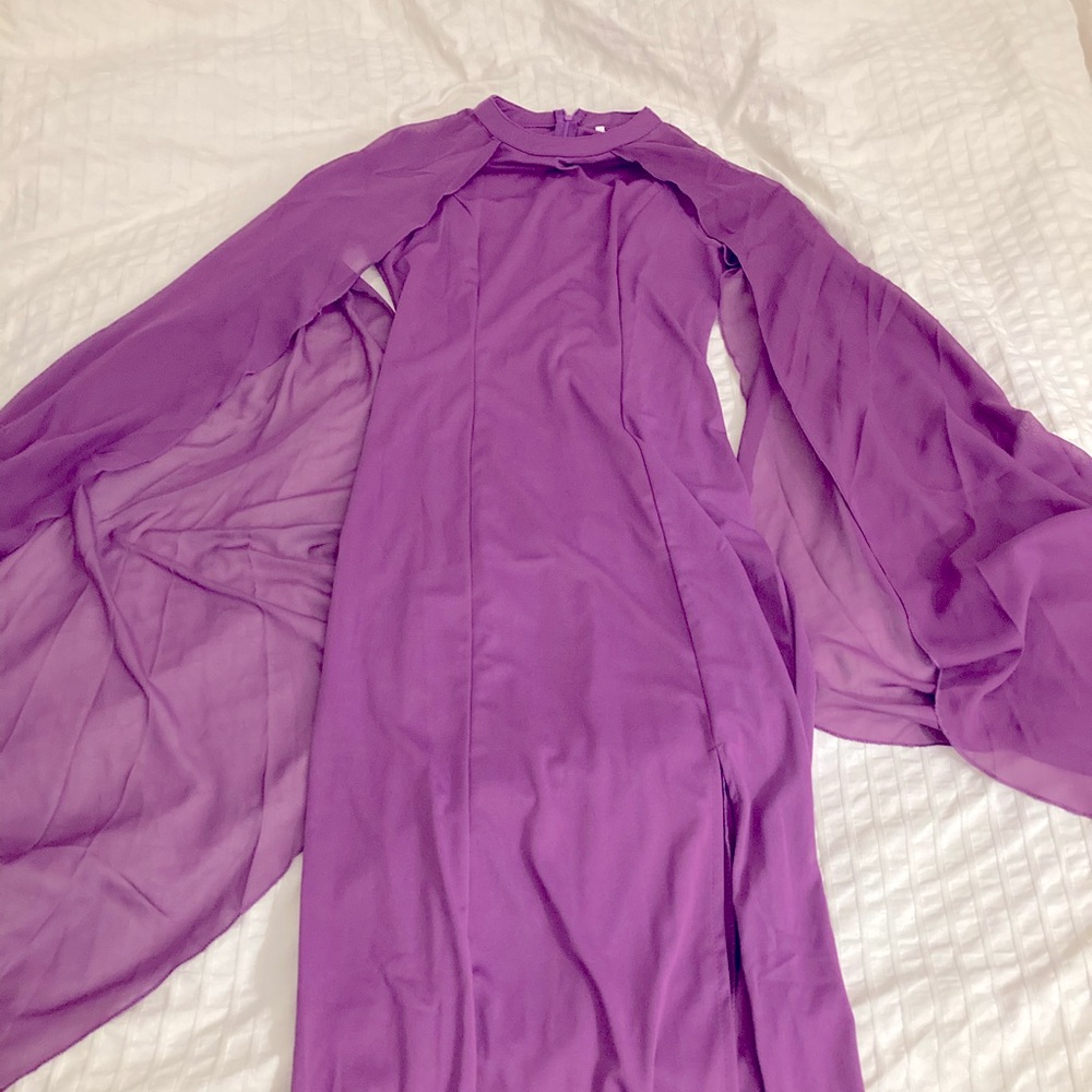 Long Purple Dress with Sheer Cape Sleeves